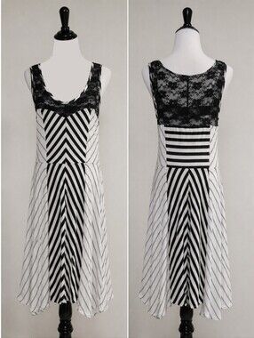 Cocolove Black & White Striped Lace Yoke Back A-Line Dress